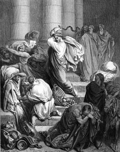 Jezus in de tempel, gravure door Doré - Bijbel door Gustave Dore