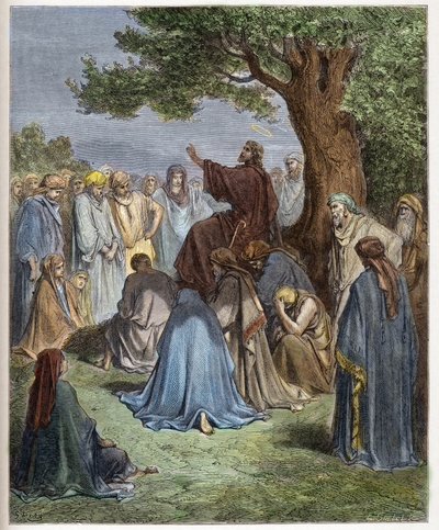 Jezus predikt tot de menigte - gravure in 