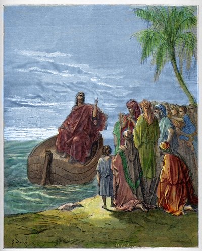 Jezus predikend aan het Meer van Galilea - gravure in 