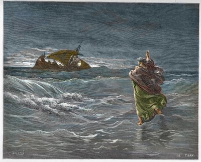 Jezus loopt op het water van het Meer van Tiberias - gravure in De geïllustreerde Bijbel door Gustave Dore - Gravure uit De Dore Bijbel door Gustave Dore