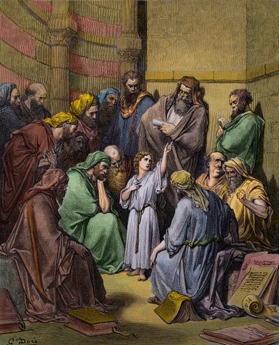 Jezus met de dokters in de tempel - Jezus in de tempel tussen de dokters - gravure door Gustave Doré (1832-1883) - later ingekleurd door Gustave Dore