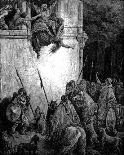 Izebel, Fenicische prinses en vrouw van koning Achab van Israël, wordt uit het raam gegooid op bevel van Jehu, en haar lichaam wordt door honden opgegeten. 2 Koningen 9:33. Uit de geïllustreerde Bijbel van Gustave Doré 1866 Houtsnede door Gustave Dore