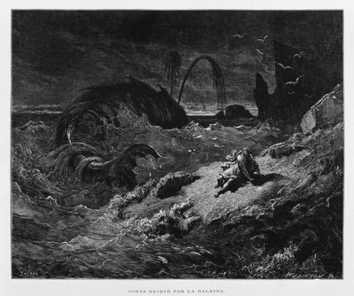 Jona op het droge geworpen door de walvis, Illustratie uit de Dore Bijbel door Gustave Dore
