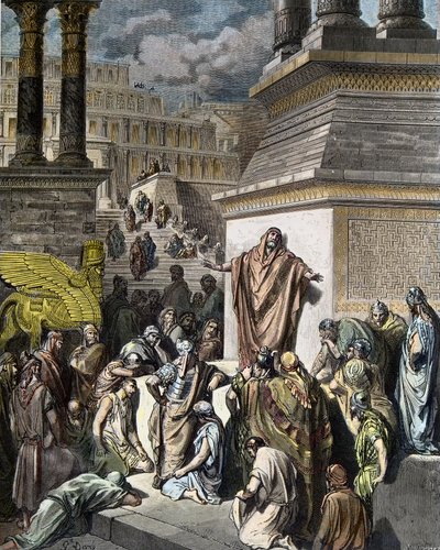 Jona spoort de Ninivieten aan tot boetedoening - illustratie uit Gustave Dore