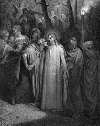 Judas verraadt Christus met een kus, 1866 door Gustave Dore