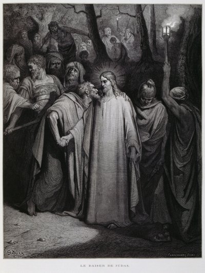 Judas verraadt Jezus met een kus; Illustratie uit de Dore Bijbel door Gustave Dore