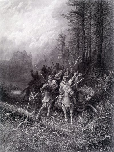 Koning Arthur in het Broceliande-woud (Cyclus van de Ridders van de Ronde Tafel) - in "Viviane" door Alfred Tennyson, illustratie door G. Doré door Gustave Dore