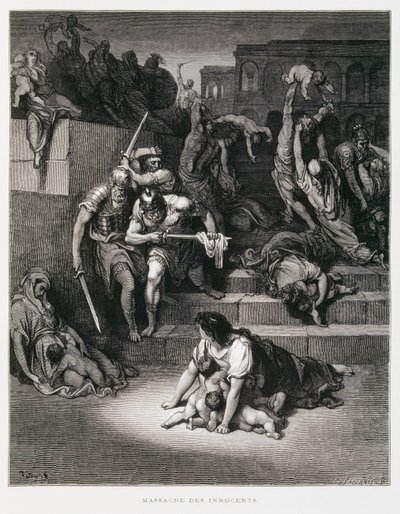 Koning Herodes beveelt de kindermoord, Illustratie uit de Dore Bijbel door Gustave Dore
