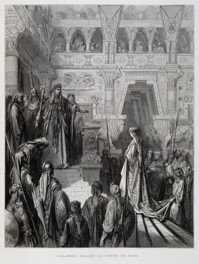 Koning Salomo ontvangt de koningin van Sheba, Illustratie uit de Dore Bijbel door Gustave Dore