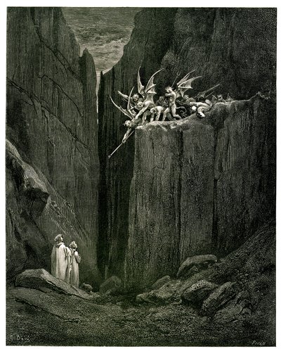 De hel (La divina commedia) door Dante Alighieri geïllustreerd door Gustave Doré. Franse vertaling door Pier-Angelo Fiorentino. Dante en Virgilius tegenover de demonen door Gustave Dore
