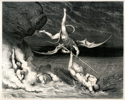 De Hel (La divina commedia) door Dante Alighieri geïllustreerd door Gustave Dore. Editie Hachette 1861 - Demon - Franse vertaling door Pier-Angelo Fiorentino.... Si mosse, e grido: Tu se 