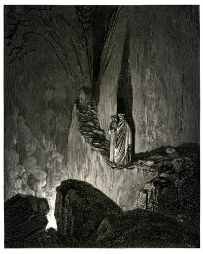 De Hel (La divina commedia) door Dante Alighieri geïllustreerd door Gustave Doré. Editie Hachette 1861. Franse vertaling door Pier-Angelo Fiorentino. E
