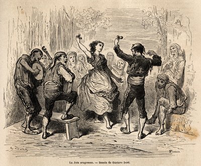 La jota aragonesa, koorzang en koppeldans van Aragon, beoefend tijdens alle populaire en religieuze festiviteiten, teksten over het thema liefde, soms grotesk of triviaal, deze volksliederen worden herhaald door middel van pliegos, kleine supplementen door Gustave Dore