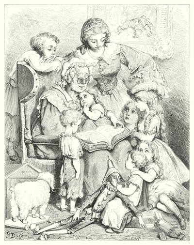 Het lezen van verhalen in familiekring (gravure) door Gustave Dore