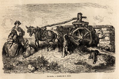 La noria, een hydraulische machine voor het verhogen van waterstanden met behulp van de energie geproduceerd door de stroom, tekening door Gustave Dore (1832-1883), ter illustratie van zijn reis naar Spanje, met C. Davillier, in 1862. Gravure in 