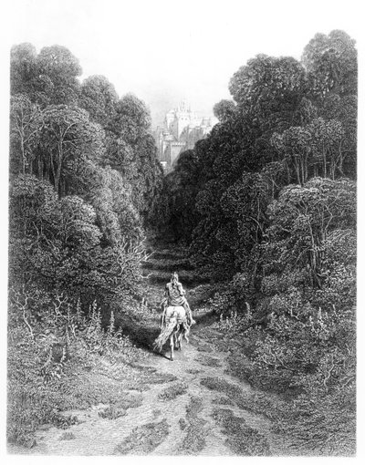 Lancelot nadert het Kasteel van Astolat, illustratie uit 