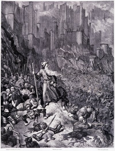 Les battailles, plaat IX - Illustratie door Gustave Doré (1832-1883), voor La legende du Jeif wandering door Pierre Dupont, editie Librairie du magasin pittoresque, Parijs 1862 door Gustave Dore