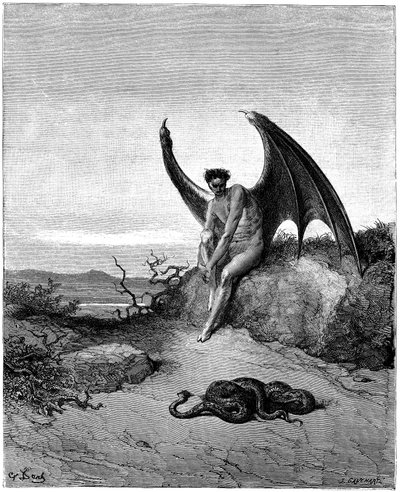 Lucifer (Satan, gevallen engel, viel uit de hemel op aarde) ontmoet de slang. Illustratie door Gustave Doré voor 