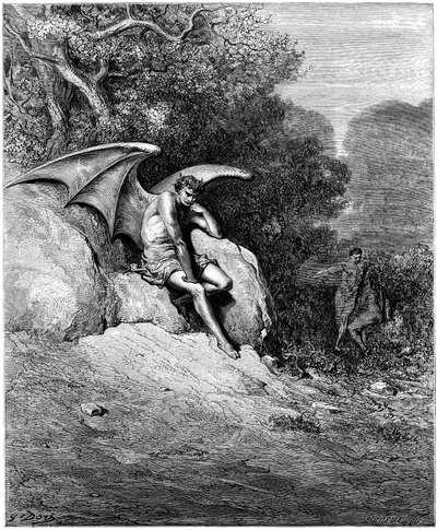 Lucifer (Satan, gevallen engel, viel van de hemel naar de aarde) weerspiegeld door het verleiden van Adam en Eva. Illustratie door Gustave Doré voor 