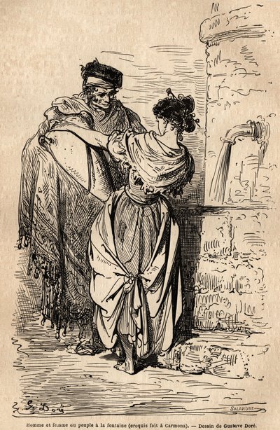 Man en vrouw van het volk bij de fontein in Carmona door Gustave Dore