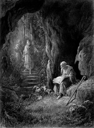 Merlijn ontdekt door de officieren van koning Arthur in het Broceliande-bos (Cycle des chevaliers de la Table Ronde) - in 