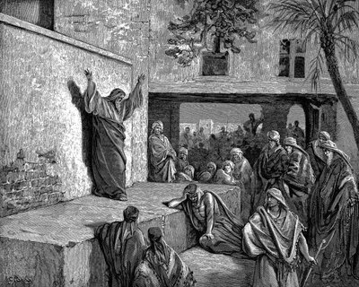 Micha de Moreshtietische profeet vertelt de Israëlieten: Want zie, de Heer komt voort ... en zal neerdalen en treden op de hoogten der aarde. Bijbel Micha 1:3. Illustratie door Gustave Doré 1865-1856. Houtsnede door Gustave Dore