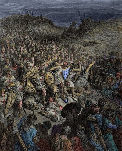 Eerste kruistocht. Godefroy de Bouillon verslaat de moslimtroepen van sultan Kilij Arslan bij Dorylaeum in Klein-Azië door Gustave Dore