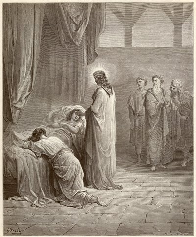 Wonder: Jezus Christus genas de dochter van Jaire (Jairus of Jairos). Gravure uit de Bijbel geïllustreerd door Gustave Dore (1832-1883) door Gustave Dore