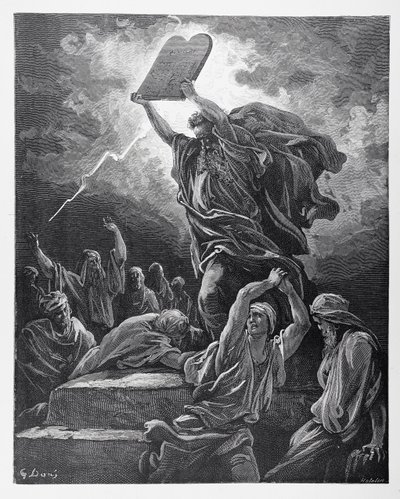 Mozes breekt de tafelen van de wet, gegraveerd door Hotelin, ca. 1868 door Gustave Dore