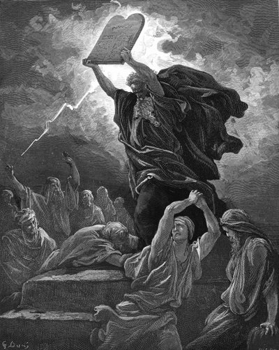 Mozes breekt de tafelen van de wet, gravure - Bijbel door Gustave Dore
