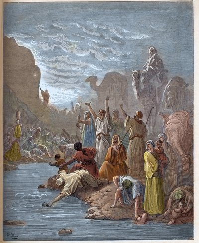 Mozes brengt water uit de rots - Boek van Exodus (Bijbel) - gravure in 