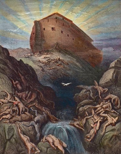 Noach stuurt een duif naar de aarde - Noach stuurt de duif uit de Ark, gravure door Gustave Dore door Gustave Dore