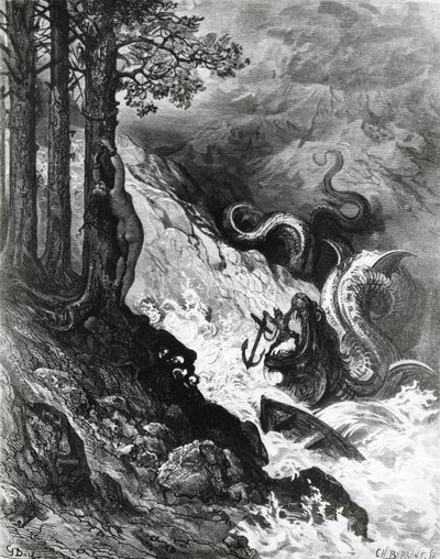Orlando vecht tegen de ork, uit De Razernij van Orlando, illustratie door Gustave Dore