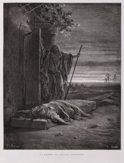 Verontwaardiging in Gibea, de Leviet draagt zijn dode bijvrouw weg, Illustratie uit de Dore Bijbel door Gustave Dore