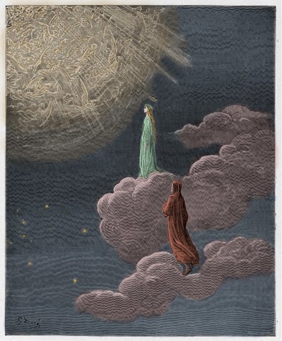 Paradiso, Canto 14: Dante en Beatrice overgebracht naar de sfeer van Mars, illustratie uit "De Goddelijke Komedie" door Dante Alighieri, 1885 door Gustave Dore