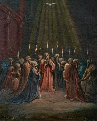 Pinksteren - Pinksteren (komst van de Heilige Geest) - Pinksteren, de nederdaling van de Heilige Geest, gravure door Gustave Dore - later ingekleurd door Gustave Dore