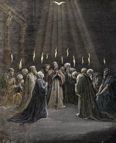 Pinksteren, neerdaling van de Heilige Geest op de apostelen en andere volgelingen van Jezus Christus door Gustave Dore