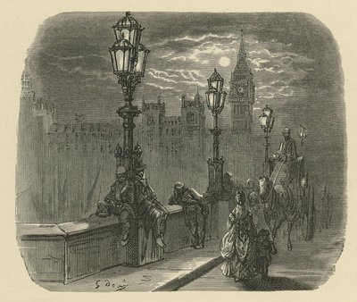 Mensen en koetsen op Westminster Bridge door Gustave Dore