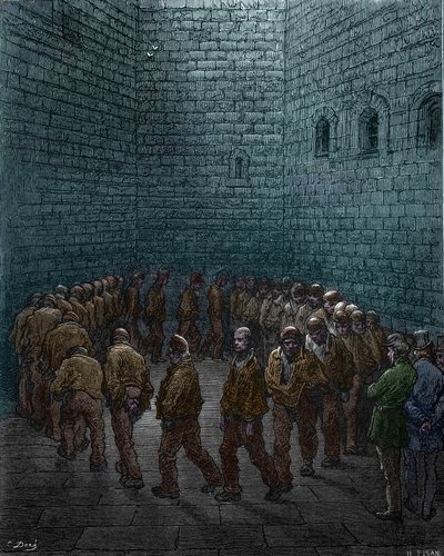 Gevangenen die de ronde doen op de binnenplaats van de Westgate-gevangenis in Londen, door Gustave Dore door Gustave Dore