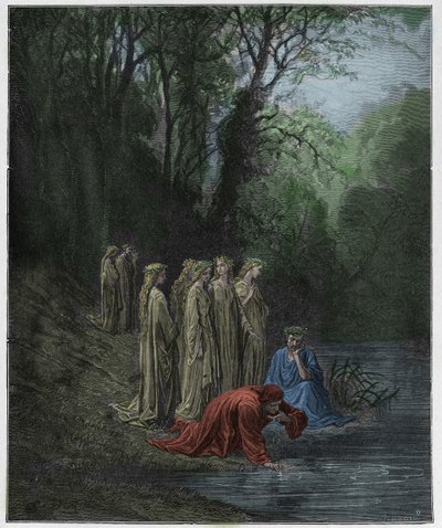 Purgatorio, Canto 33: Dante drinkt van de rivier Eunoe, illustratie uit "De Goddelijke Komedie" door Dante Alighieri, 1885 door Gustave Dore