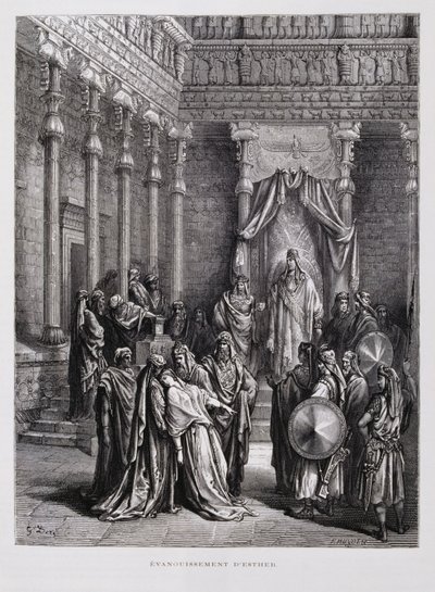 Koningin Esther valt flauw voor de koning, Illustratie uit de Dore Bijbel door Gustave Dore