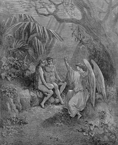 Raphael spreekt met Adam en Eva. Illustratie voor John Miltons Paradise Lost, 1866 door Gustave Dore