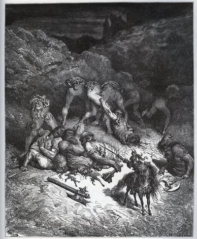 Verhaal van de heldendaden van Felix-Mars van Hyrcania - uit "Don Quichot de la Mancha" door Miguel Cervantes (1547-1616) - Houtsnede naar tekening van Gustave Dore door Gustave Dore