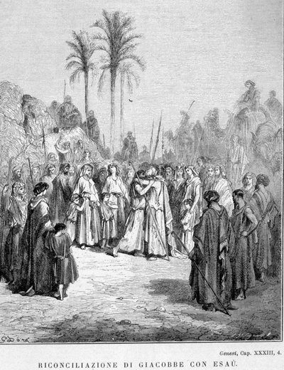 Verzoening van Jakob en Esau. Genesis, XXXIII, 4. Illustratie van Gustave Doré. door Gustave Dore