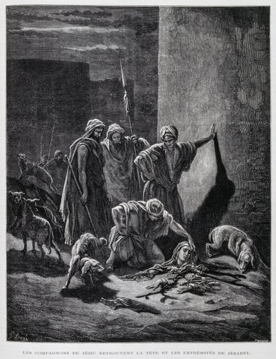 Overblijfselen van koningin Izebel nadat ze uit de paleisramen werd gegooid, Illustratie uit de Dore Bijbel door Gustave Dore