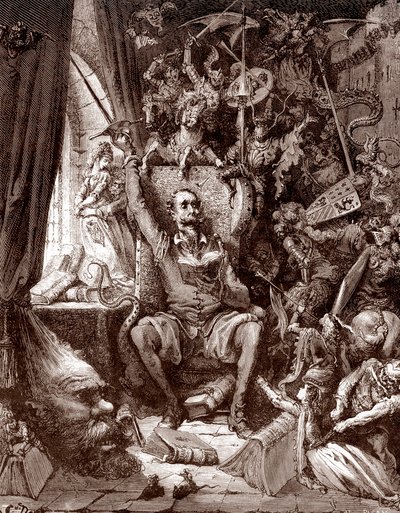 Voorstelling van Don Quichot in zijn bibliotheek omringd door de wezens uit zijn boeken, gravure door Gustave Doré (1832-1883) voor L