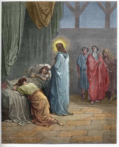 Opstanding van de dochter van Jairus - Jezus wekt de dochter van Jairus op - gravure in 