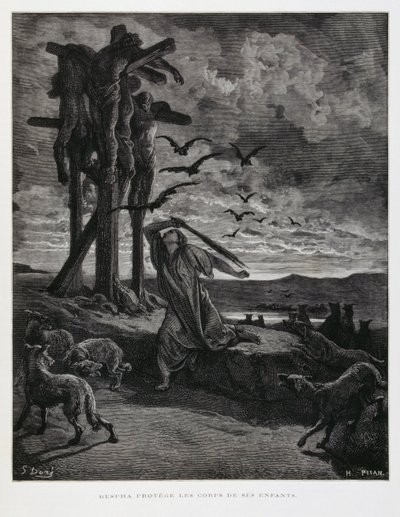 Rizpa voorkomt dat wilde dieren de lichamen van haar dode zonen ontheiligen, Illustratie uit de Dore Bijbel door Gustave Dore