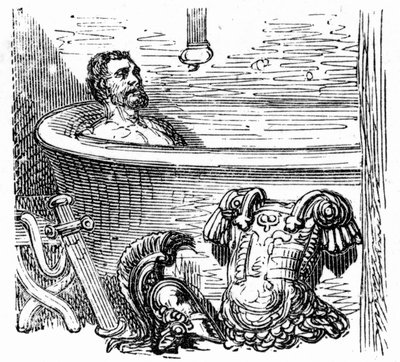Romeinse soldaat badend in de thermale baden van Bagnères-de-Bigorre: gravure door Gustave Doré ter illustratie van het boek 