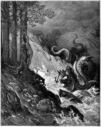 Ruggiero vecht tegen het zeemonster (draak) dat Olimpia bedreigt, bindt zijn kaken vast met een anker en redt Olimpia (canto 11 stanza 37) - Gravure door Gustave Doré ter illustratie van 
